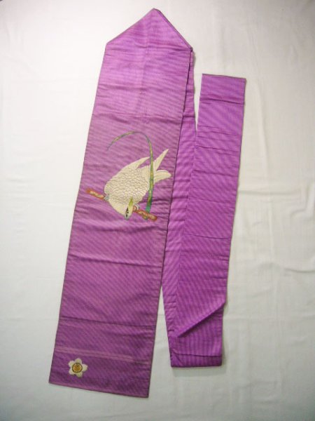 Photo1: H0901U Vintage Japanese Kimono Shiny Light Purple NAGOYA OBI sash Parrot Silk. (Grade D) (1)
