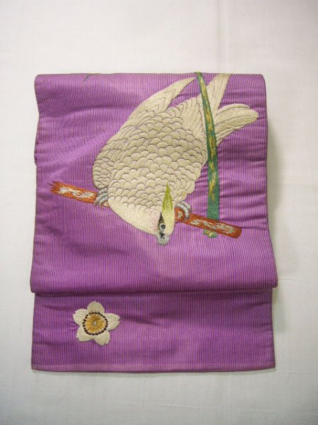 Photo2: H0901U Vintage Japanese Kimono Shiny Light Purple NAGOYA OBI sash Parrot Silk. (Grade D) (2)
