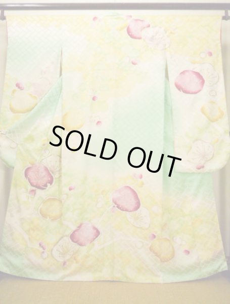 Photo1: H1025D Used Japanese Kimono  Light Yellow FURISODE long-sleeved / Silk. UME plum bloom  (Grade C) (1)