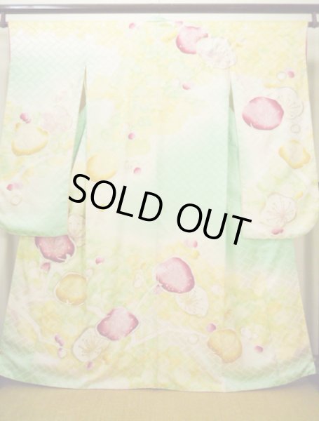 Photo2: H1025D Used Japanese Kimono  Light Yellow FURISODE long-sleeved / Silk. UME plum bloom  (Grade C) (2)