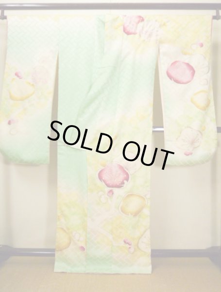 Photo3: H1025D Used Japanese Kimono  Light Yellow FURISODE long-sleeved / Silk. UME plum bloom  (Grade C) (3)