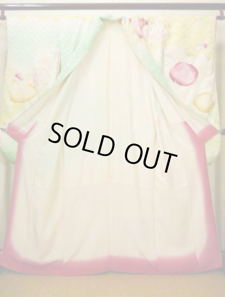 Photo4: H1025D Used Japanese Kimono  Light Yellow FURISODE long-sleeved / Silk. UME plum bloom  (Grade C) (4)