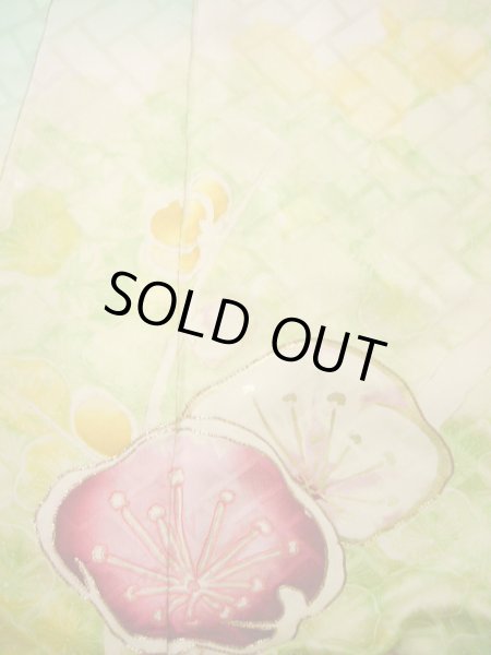 Photo5: H1025D Used Japanese Kimono  Light Yellow FURISODE long-sleeved / Silk. UME plum bloom  (Grade C) (5)