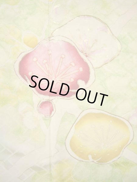 Photo6: H1025D Used Japanese Kimono  Light Yellow FURISODE long-sleeved / Silk. UME plum bloom  (Grade C) (6)