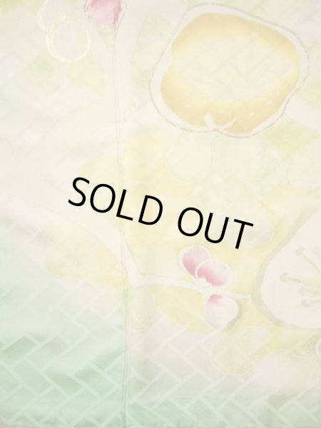 Photo7: H1025D Used Japanese Kimono  Light Yellow FURISODE long-sleeved / Silk. UME plum bloom  (Grade C) (7)