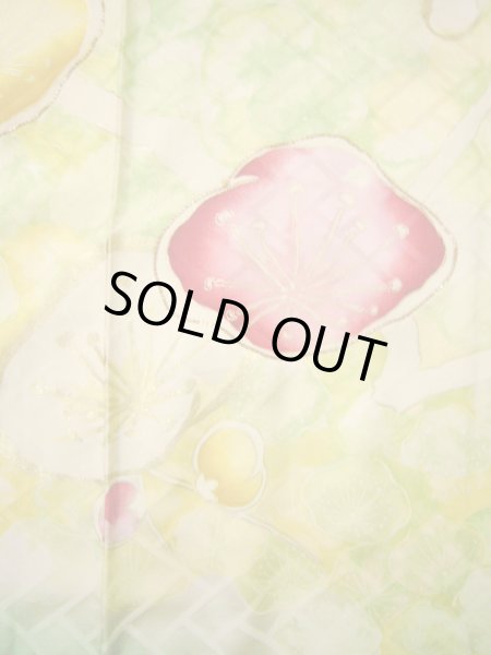 Photo8: H1025D Used Japanese Kimono  Light Yellow FURISODE long-sleeved / Silk. UME plum bloom  (Grade C) (8)