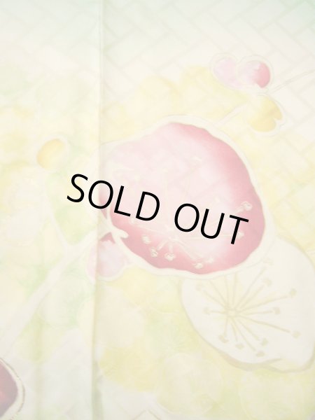 Photo9: H1025D Used Japanese Kimono  Light Yellow FURISODE long-sleeved / Silk. UME plum bloom  (Grade C) (9)