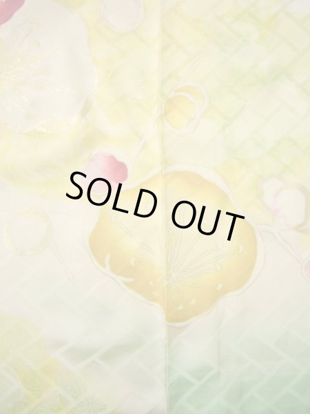 Photo10: H1025D Used Japanese Kimono  Light Yellow FURISODE long-sleeved / Silk. UME plum bloom  (Grade C) (10)