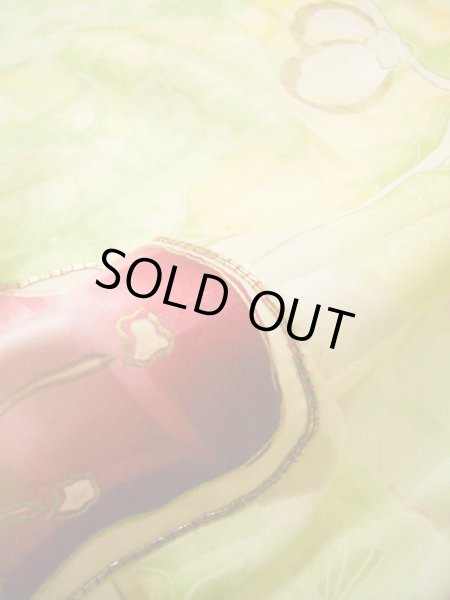 Photo16: H1025D Used Japanese Kimono  Light Yellow FURISODE long-sleeved / Silk. UME plum bloom  (Grade C) (16)