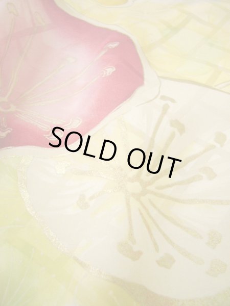 Photo17: H1025D Used Japanese Kimono  Light Yellow FURISODE long-sleeved / Silk. UME plum bloom  (Grade C) (17)