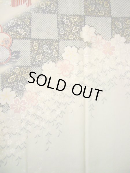 Photo12: Mint H1025K Used Japanese Kimono Pale Bluish Gray FURISODE long-sleeved / Silk. SAKURA cherry blossom  (Grade A) (12)