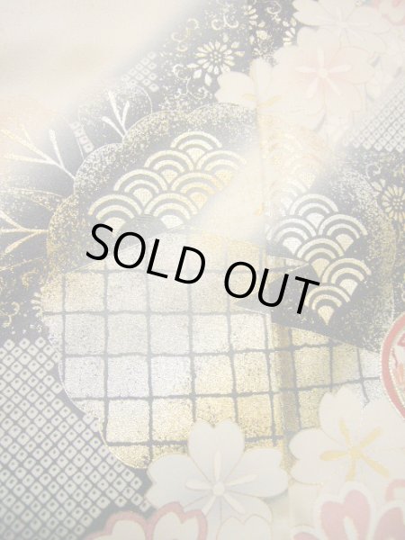 Photo14: Mint H1025K Used Japanese Kimono Pale Bluish Gray FURISODE long-sleeved / Silk. SAKURA cherry blossom  (Grade A) (14)