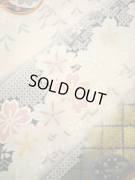 Photo18: Mint H1025K Used Japanese Kimono Pale Bluish Gray FURISODE long-sleeved / Silk. SAKURA cherry blossom  (Grade A) (18)