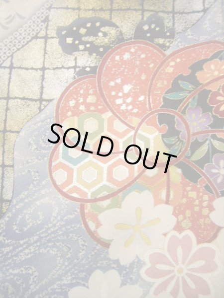 Photo19: Mint H1025K Used Japanese Kimono Pale Bluish Gray FURISODE long-sleeved / Silk. SAKURA cherry blossom  (Grade A) (19)