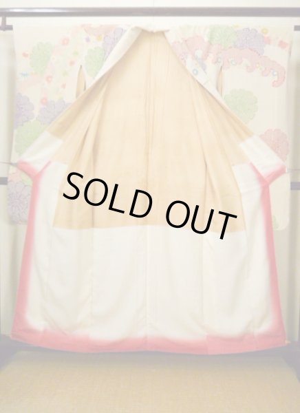 Photo4: H1025L Used Japanese Kimono Smoky Dark Off White FURISODE long-sleeved / Silk. Chrysanthemum  (Grade B) (4)