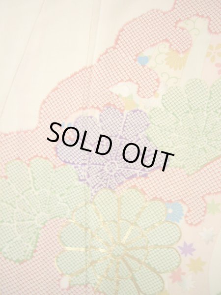 Photo5: H1025L Used Japanese Kimono Smoky Dark Off White FURISODE long-sleeved / Silk. Chrysanthemum  (Grade B) (5)