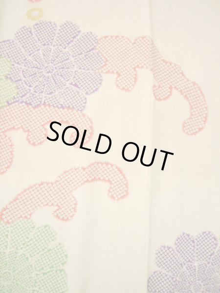 Photo8: H1025L Used Japanese Kimono Smoky Dark Off White FURISODE long-sleeved / Silk. Chrysanthemum  (Grade B) (8)