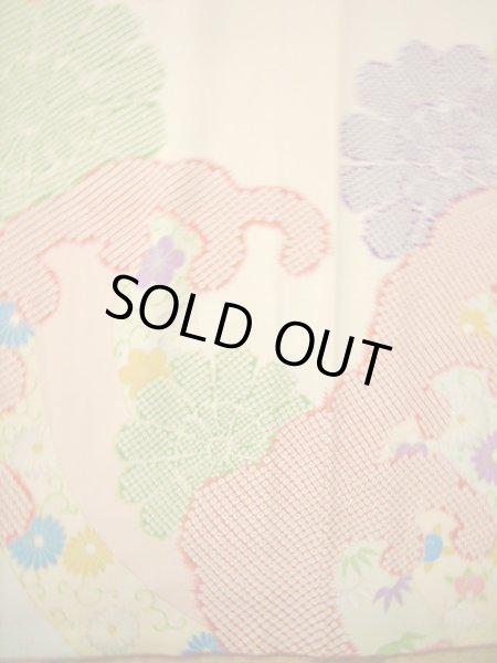 Photo9: H1025L Used Japanese Kimono Smoky Dark Off White FURISODE long-sleeved / Silk. Chrysanthemum  (Grade B) (9)