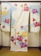 Photo3: Mint H1025M Used Japanese Kimono  Shiny Off White FURISODE long-sleeved / Silk. Cattleya  (Grade A) (3)