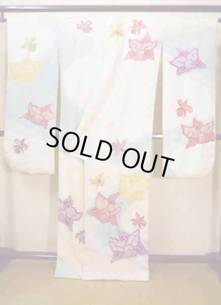 Photo3: Mint H1025M Used Japanese Kimono  Shiny Off White FURISODE long-sleeved / Silk. Cattleya  (Grade A) (3)