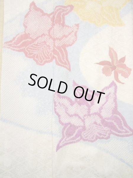 Photo6: Mint H1025M Used Japanese Kimono  Shiny Off White FURISODE long-sleeved / Silk. Cattleya  (Grade A) (6)