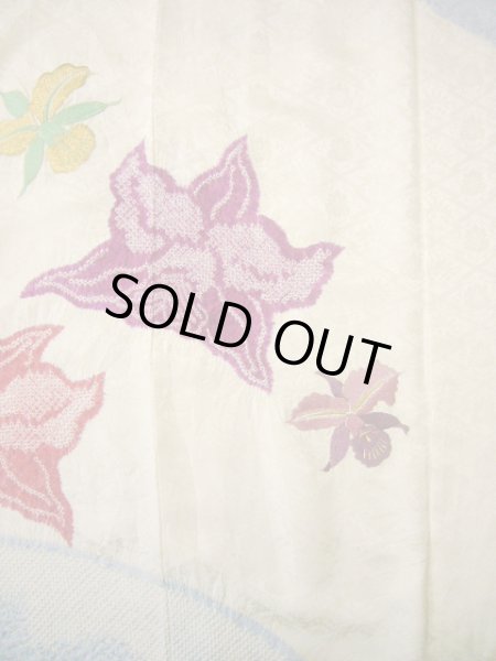Photo9: Mint H1025M Used Japanese Kimono  Shiny Off White FURISODE long-sleeved / Silk. Cattleya  (Grade A) (9)