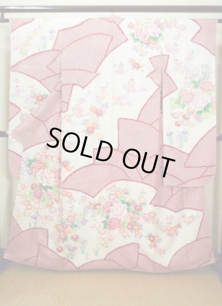 Photo1: H1025N Used Japanese Kimono  Shiny Off White FURISODE long-sleeved / Silk. Peony  (Grade B) (1)