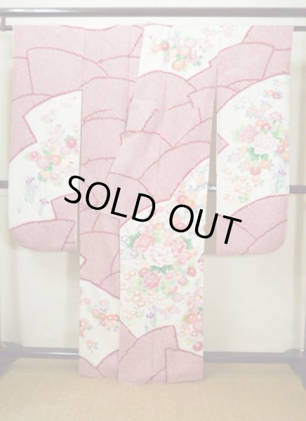 Photo3: H1025N Used Japanese Kimono  Shiny Off White FURISODE long-sleeved / Silk. Peony  (Grade B) (3)