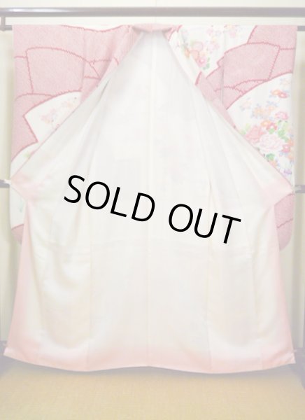 Photo4: H1025N Used Japanese Kimono  Shiny Off White FURISODE long-sleeved / Silk. Peony  (Grade B) (4)