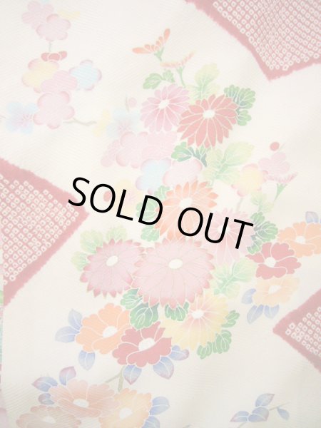 Photo5: H1025N Used Japanese Kimono  Shiny Off White FURISODE long-sleeved / Silk. Peony  (Grade B) (5)