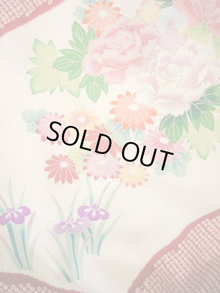 Photo7: H1025N Used Japanese Kimono  Shiny Off White FURISODE long-sleeved / Silk. Peony  (Grade B) (7)