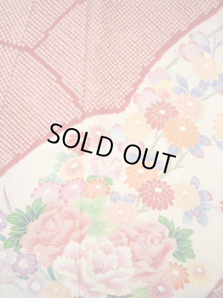 Photo8: H1025N Used Japanese Kimono  Shiny Off White FURISODE long-sleeved / Silk. Peony  (Grade B) (8)