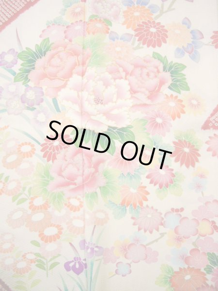 Photo9: H1025N Used Japanese Kimono  Shiny Off White FURISODE long-sleeved / Silk. Peony  (Grade B) (9)