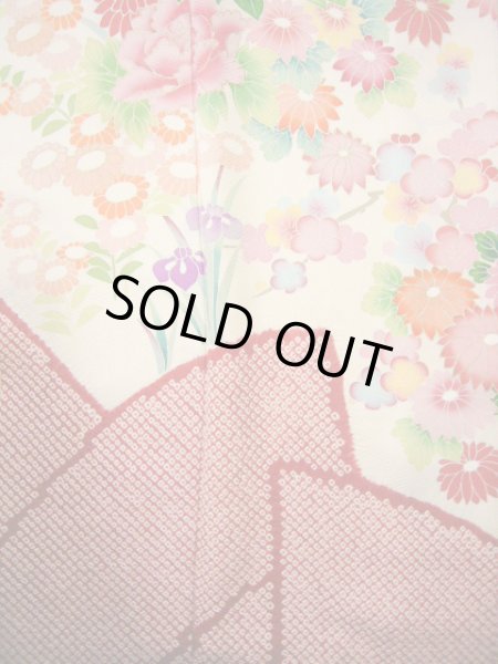 Photo10: H1025N Used Japanese Kimono  Shiny Off White FURISODE long-sleeved / Silk. Peony  (Grade B) (10)