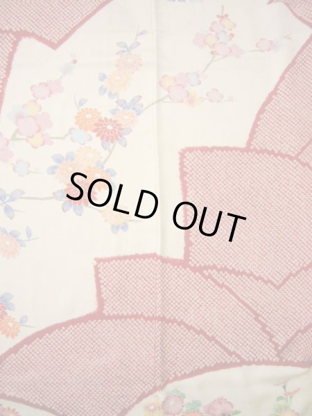 Photo11: H1025N Used Japanese Kimono  Shiny Off White FURISODE long-sleeved / Silk. Peony  (Grade B) (11)