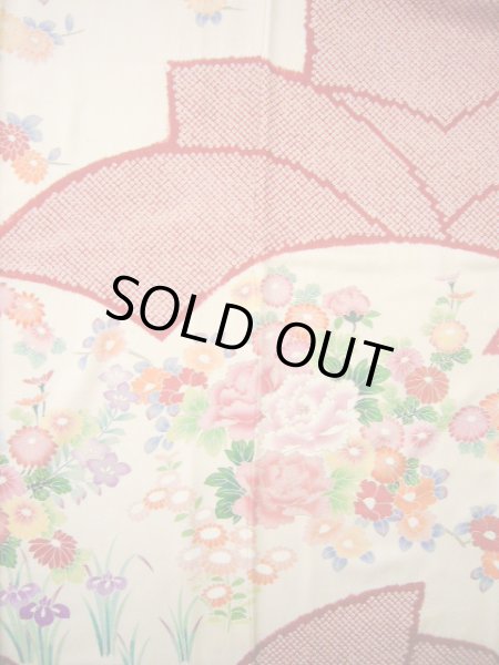 Photo12: H1025N Used Japanese Kimono  Shiny Off White FURISODE long-sleeved / Silk. Peony  (Grade B) (12)