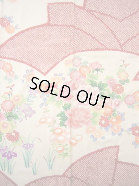 Photo13: H1025N Used Japanese Kimono  Shiny Off White FURISODE long-sleeved / Silk. Peony  (Grade B) (13)