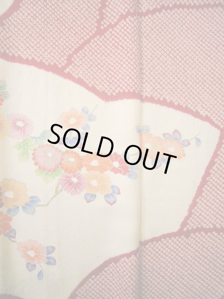 Photo14: H1025N Used Japanese Kimono  Shiny Off White FURISODE long-sleeved / Silk. Peony  (Grade B) (14)