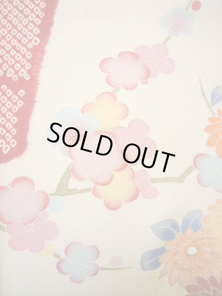 Photo15: H1025N Used Japanese Kimono  Shiny Off White FURISODE long-sleeved / Silk. Peony  (Grade B) (15)