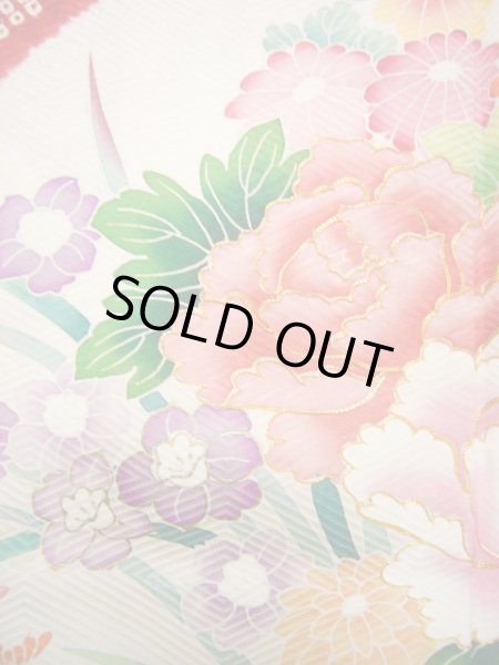 Photo17: H1025N Used Japanese Kimono  Shiny Off White FURISODE long-sleeved / Silk. Peony  (Grade B) (17)