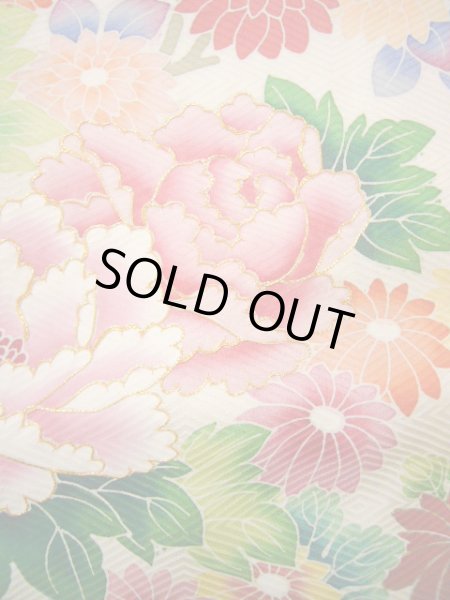 Photo18: H1025N Used Japanese Kimono  Shiny Off White FURISODE long-sleeved / Silk. Peony  (Grade B) (18)