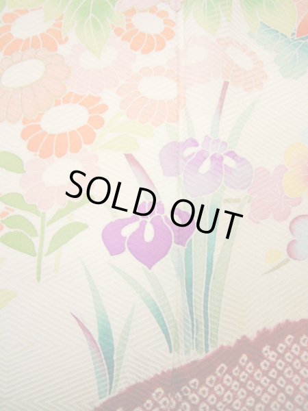 Photo19: H1025N Used Japanese Kimono  Shiny Off White FURISODE long-sleeved / Silk. Peony  (Grade B) (19)