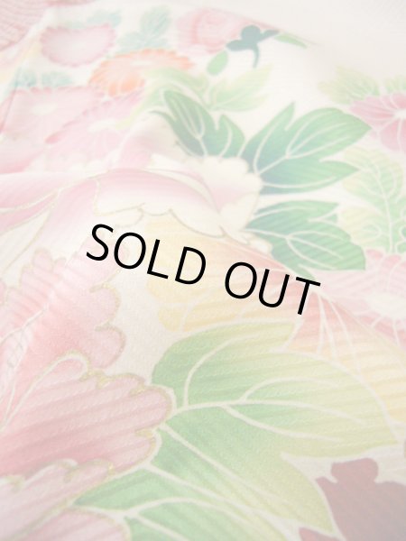 Photo25: H1025N Used Japanese Kimono  Shiny Off White FURISODE long-sleeved / Silk. Peony  (Grade B) (25)