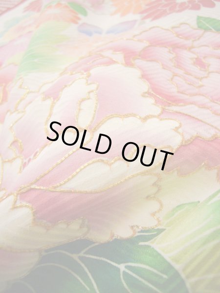 Photo26: H1025N Used Japanese Kimono  Shiny Off White FURISODE long-sleeved / Silk. Peony  (Grade B) (26)