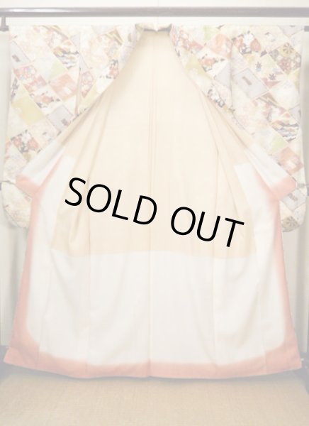 Photo4: H1025P Used Japanese Kimono   Off White FURISODE long-sleeved / Silk. Books  (Grade A) (4)