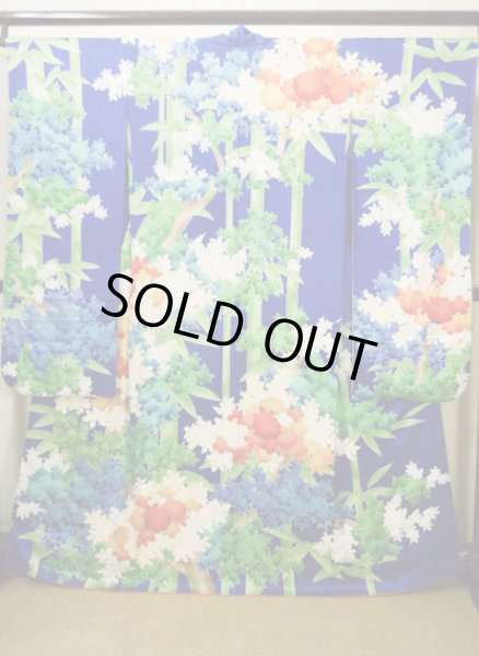 Photo2: Mint H1025T Used Japanese Kimono   Blue FURISODE long-sleeved / Silk. SAKURA cherry blossom  (Grade A) (2)