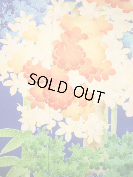 Photo6: Mint H1025T Used Japanese Kimono   Blue FURISODE long-sleeved / Silk. SAKURA cherry blossom  (Grade A) (6)