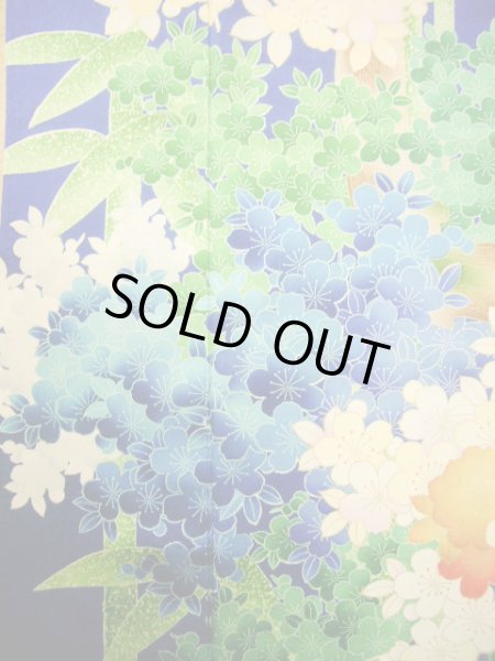 Photo7: Mint H1025T Used Japanese Kimono   Blue FURISODE long-sleeved / Silk. SAKURA cherry blossom  (Grade A) (7)