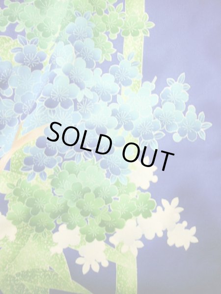 Photo12: Mint H1025T Used Japanese Kimono   Blue FURISODE long-sleeved / Silk. SAKURA cherry blossom  (Grade A) (12)