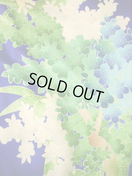 Photo14: Mint H1025T Used Japanese Kimono   Blue FURISODE long-sleeved / Silk. SAKURA cherry blossom  (Grade A) (14)